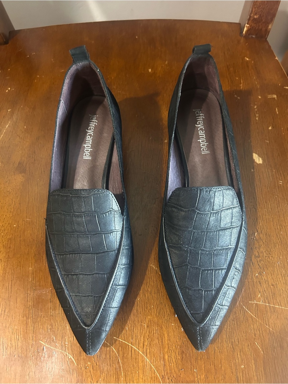 Jeffrey Campbell Black Croc-Embossed Pointed Slip-Ons